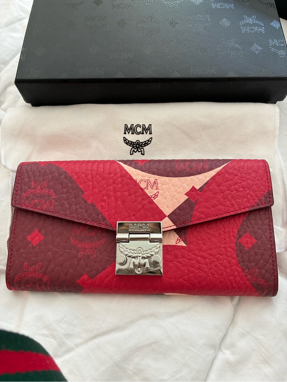 MCM Red and Burgundy Patterned Leather Continental Wallet with Silver Lock
